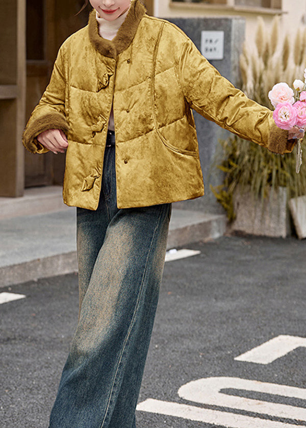 Damen gelber Patchwork-Wintermantel mit Taschen und Entendaunen