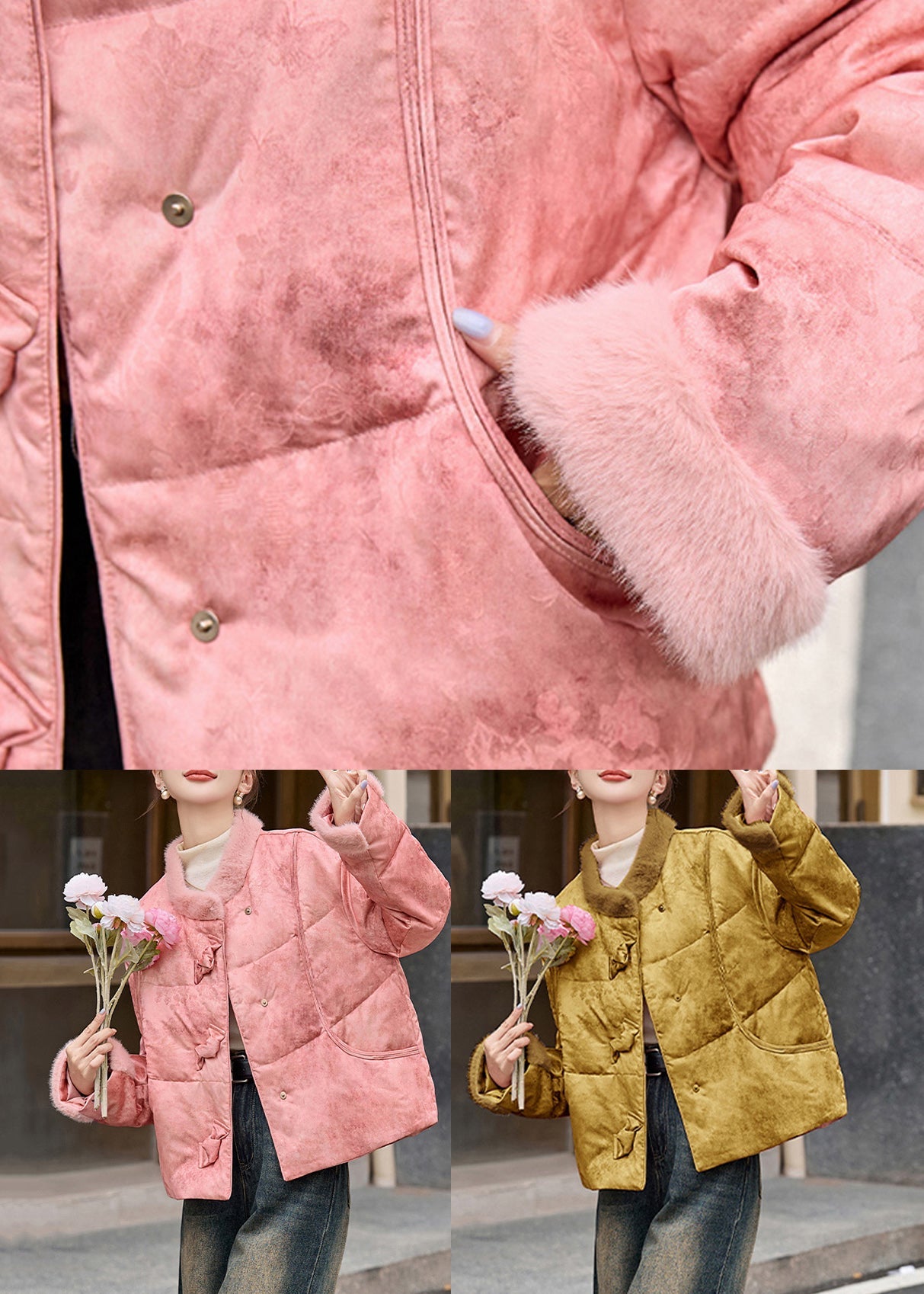 Damen gelber Patchwork-Wintermantel mit Taschen und Entendaunen