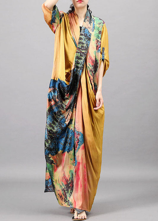 Frauen Gelb Print Fledermausflügel Ärmel Herbst Kleider