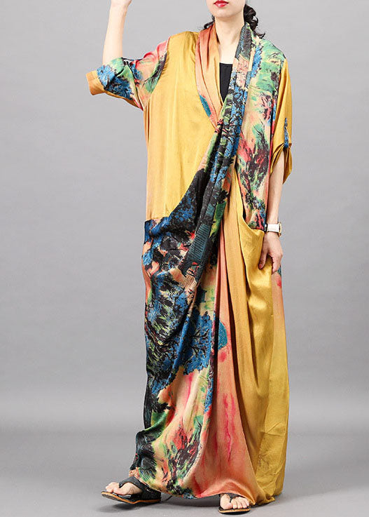 Frauen Gelb Print Fledermausflügel Ärmel Herbst Kleider