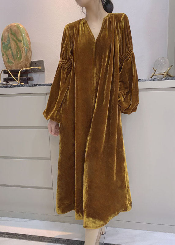 Frauen Gelb Puff Ärmel Taschen Velours Kleid Frühling