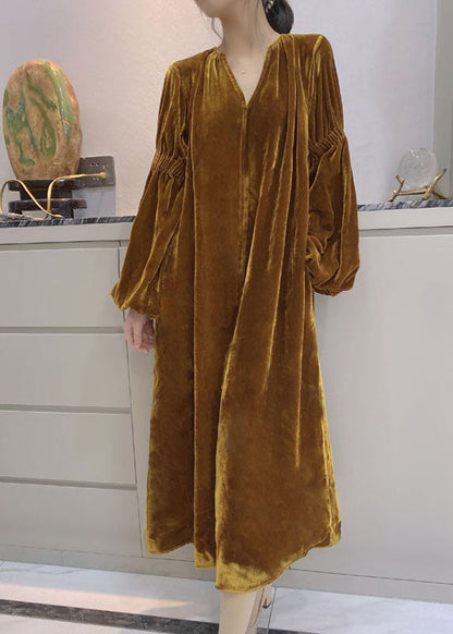 Frauen Gelb Puff Ärmel Taschen Velours Kleid Frühling