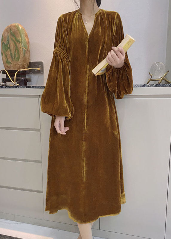 Frauen Gelb Puff Ärmel Taschen Velours Kleid Frühling
