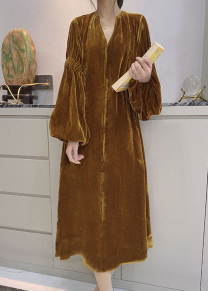 Frauen Gelb Puff Ärmel Taschen Velours Kleid Frühling