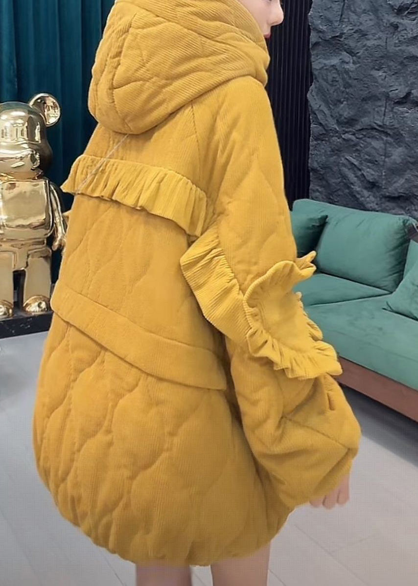 Damen gelbe Cordjacke mit Rüschen, feiner Baumwollfüllung, Winter