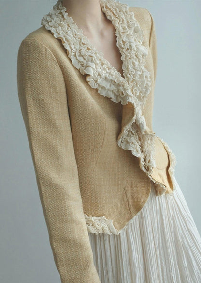 Gelbe Damenjacke aus Baumwolle mit Rüschen und Patchwork-Design, Frühling