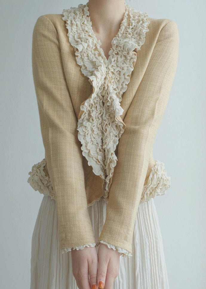 Gelbe Damenjacke aus Baumwolle mit Rüschen und Patchwork-Design, Frühling