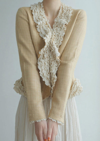 Gelbe Damenjacke aus Baumwolle mit Rüschen und Patchwork-Design, Frühling