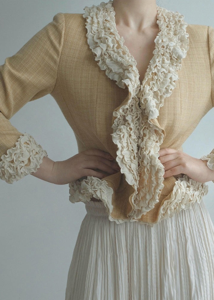 Gelbe Damenjacke aus Baumwolle mit Rüschen und Patchwork-Design, Frühling