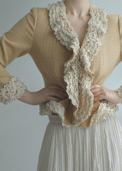 Gelbe Damenjacke aus Baumwolle mit Rüschen und Patchwork-Design, Frühling