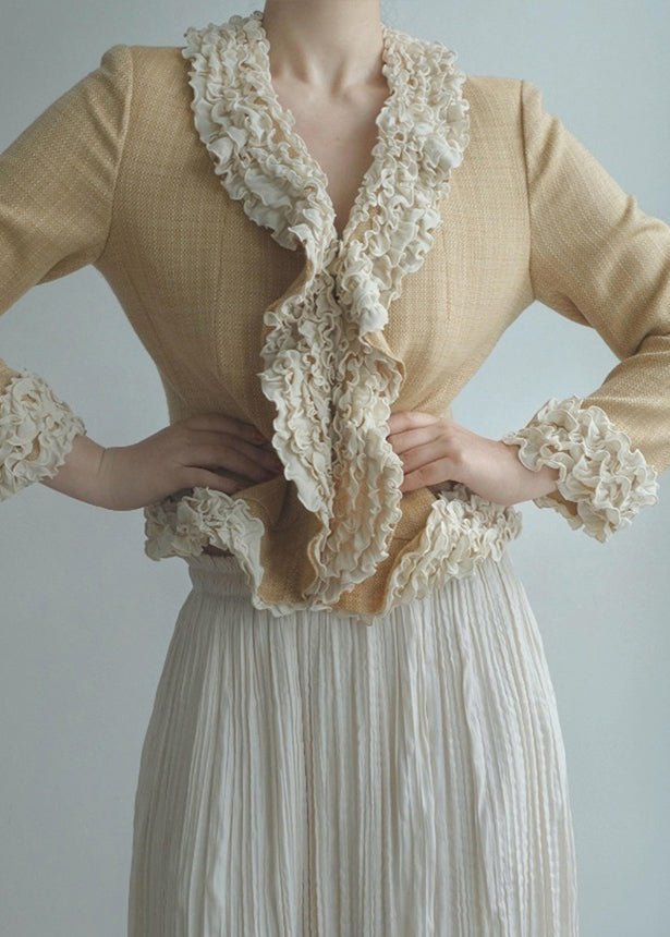 Gelbe Damenjacke aus Baumwolle mit Rüschen und Patchwork-Design, Frühling