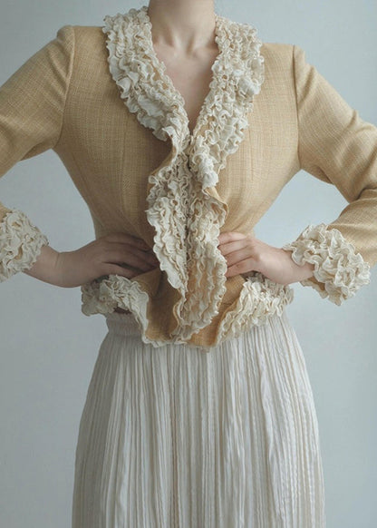 Gelbe Damenjacke aus Baumwolle mit Rüschen und Patchwork-Design, Frühling