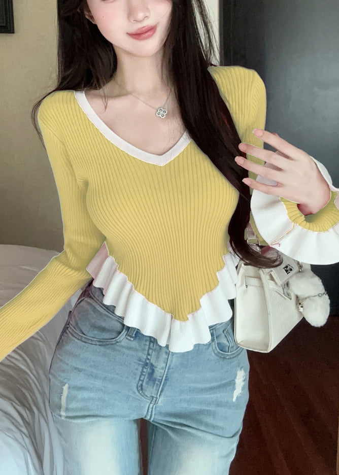 Gelber Damen-Pullover mit Rüschen und Patchworkmuster, ausgestellten Ärmeln