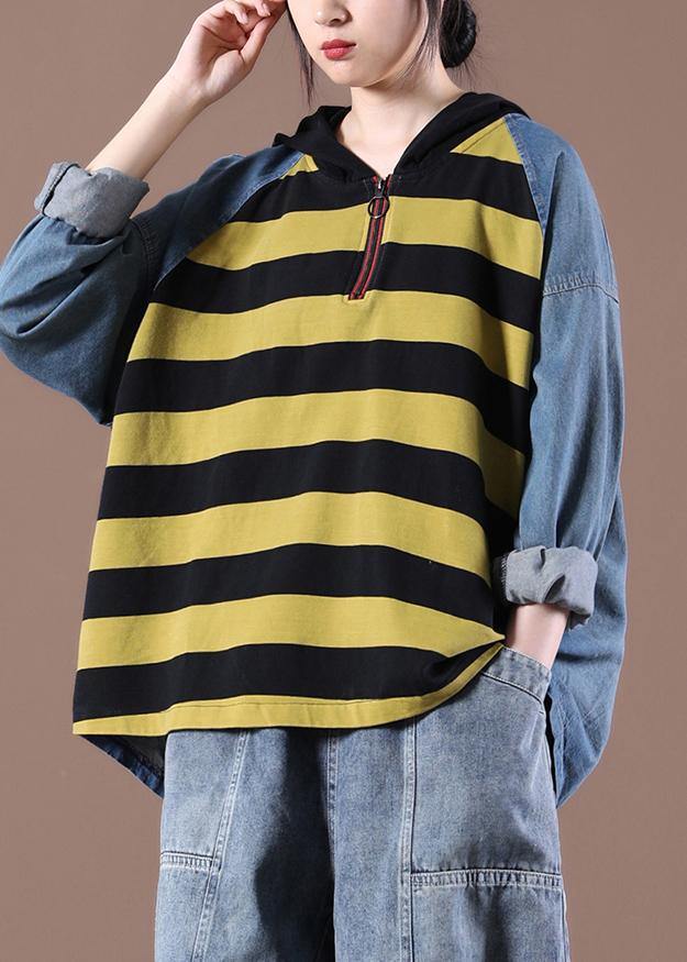 Women Yellow Striped Beautiful Asymmetrical Design Boho Autumn Fashion Ideas Tops - SooLinen