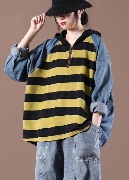 Women Yellow Striped Beautiful Asymmetrical Design Boho Autumn Fashion Ideas Tops - SooLinen