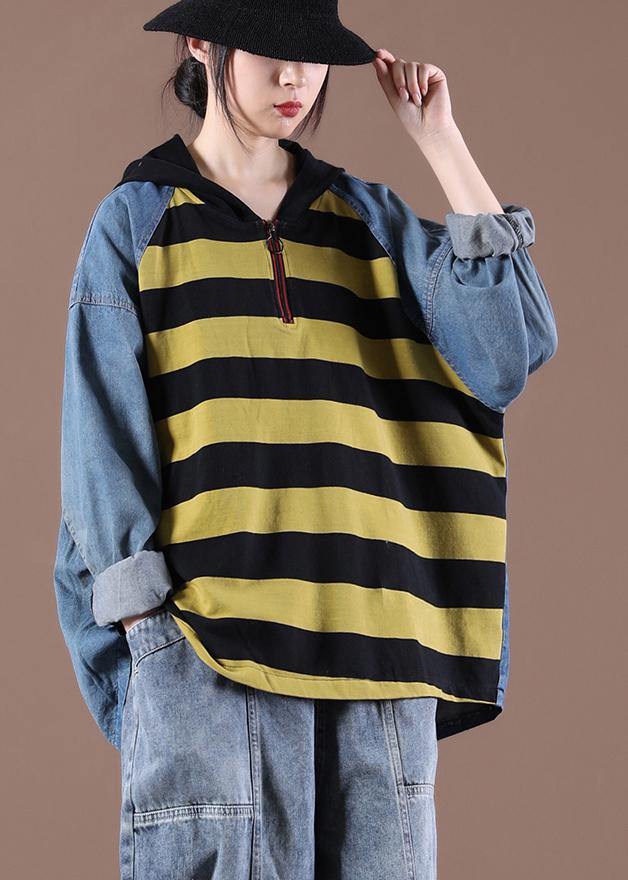 Women Yellow Striped Beautiful Asymmetrical Design Boho Autumn Fashion Ideas Tops - SooLinen