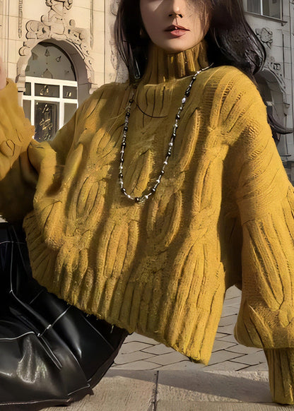 Gelber Damen-Rollkragenpullover mit Zopfmuster, kuschelig, Winter