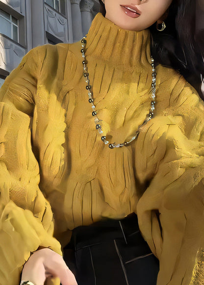 Gelber Damen-Rollkragenpullover mit Zopfmuster, kuschelig, Winter
