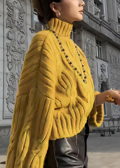 Gelber Damen-Rollkragenpullover mit Zopfmuster, kuschelig, Winter