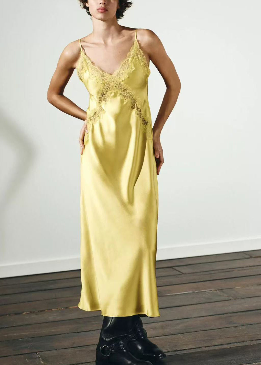 Women Yellow V Neck Backless Satin Spaghetti Strap Dress Summer