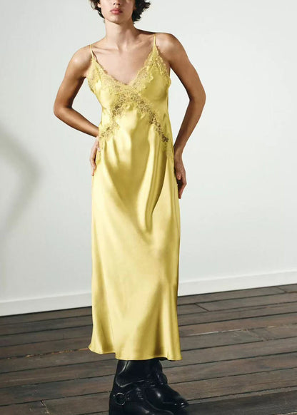 Women Yellow V Neck Backless Satin Spaghetti Strap Dress Summer