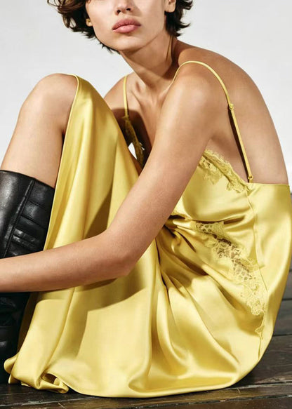 Women Yellow V Neck Backless Satin Spaghetti Strap Dress Summer
