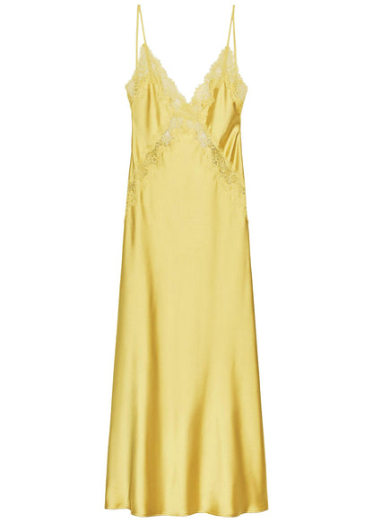 Women Yellow V Neck Backless Satin Spaghetti Strap Dress Summer