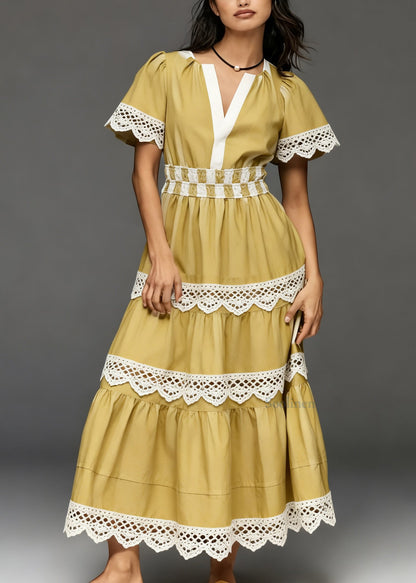 Women Yellow V Neck Lace Patchwork Cotton Long Dress Summer