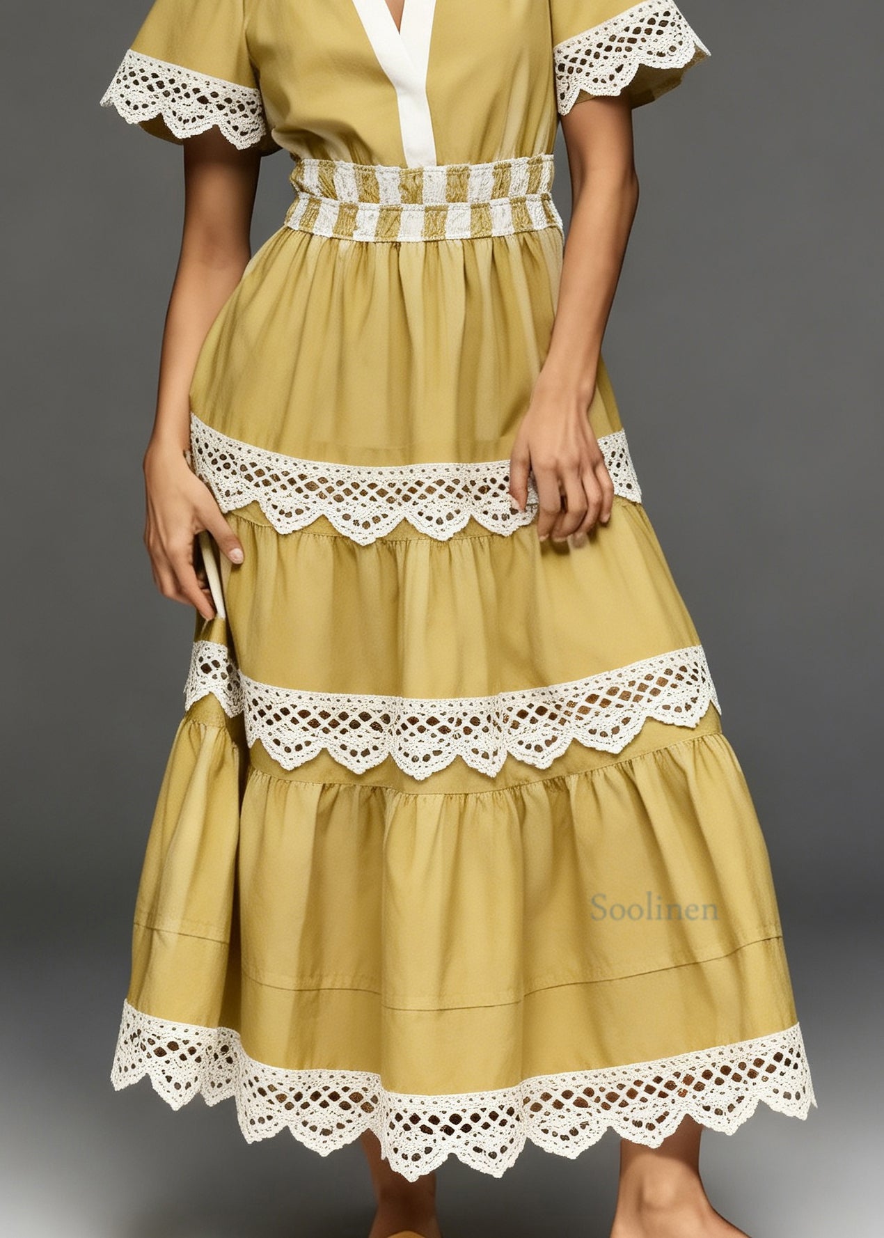 Women Yellow V Neck Lace Patchwork Cotton Long Dress Summer