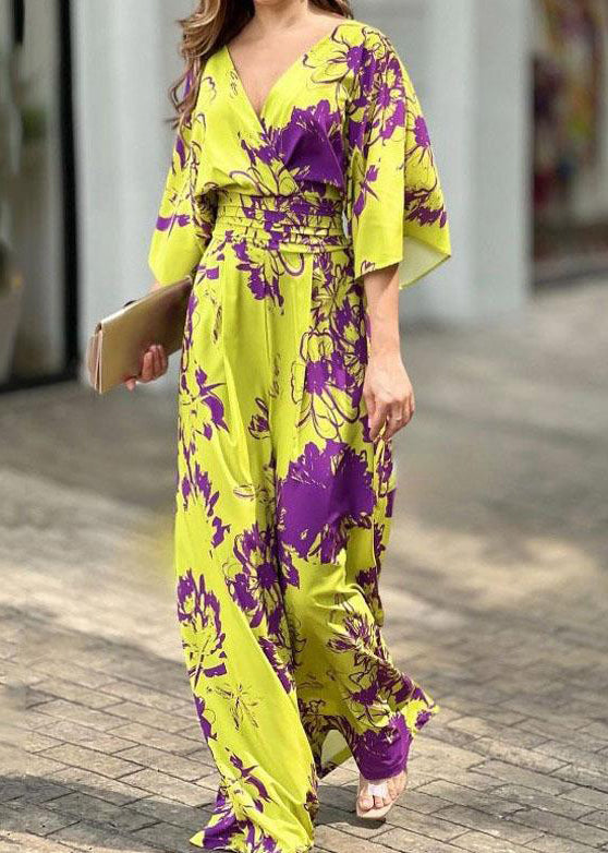 Women Yellow V Neck Print Cotton Jumpsuit Summer