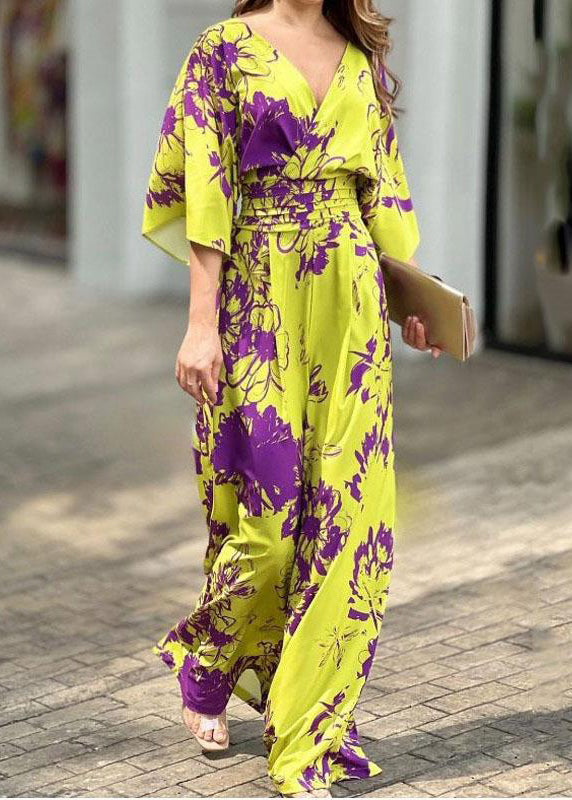 Women Yellow V Neck Print Cotton Jumpsuit Summer