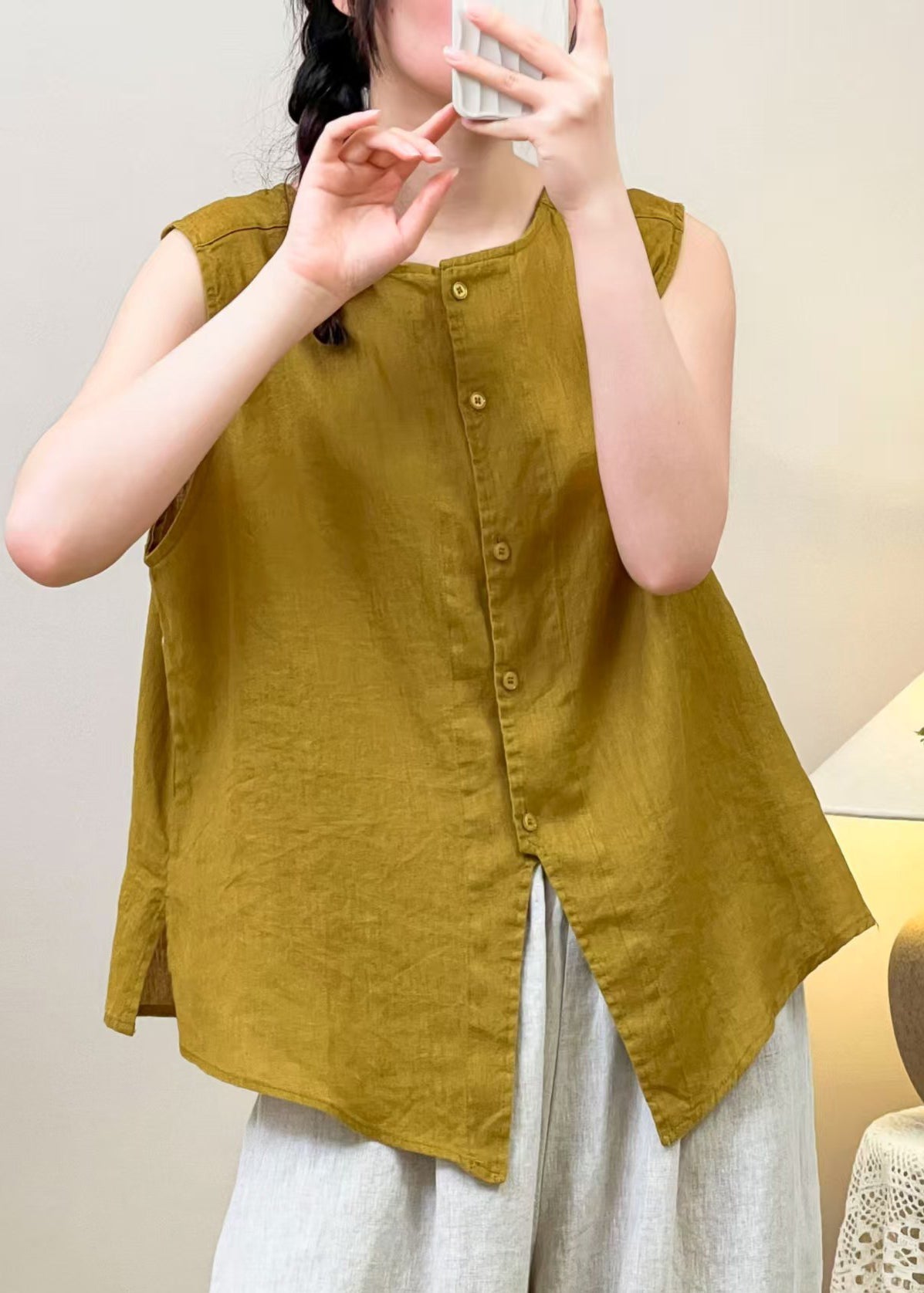 Women Yellow Wear On Both Sides Linen Blouses Summer