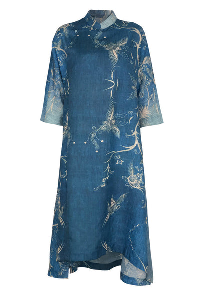 Damen asymmetrisches Halbarm Leinenkleid Vintage Arbeitsoutfits blau bedruckt lockeres Kleid Sommer