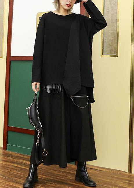 Women asymmetric cotton linen tops black shirts o neck patchwork - SooLinen