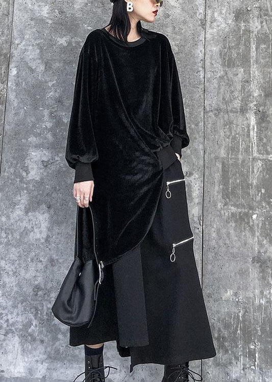 Women asymmetric o neck spring crane tops Photography black blouse - SooLinen