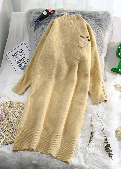 Women beige Sweater dresses Largo half high neck daily wild knit dresses - SooLinen