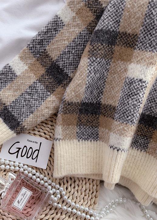 Women beige crane tops warm plus size plaid knit sweat tops - SooLinen