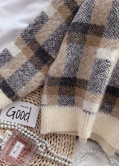 Women beige crane tops warm plus size plaid knit sweat tops - SooLinen