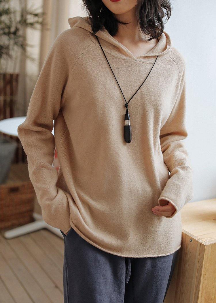 Women beige knit tops fall fashion hooded baggy knitted top - SooLinen