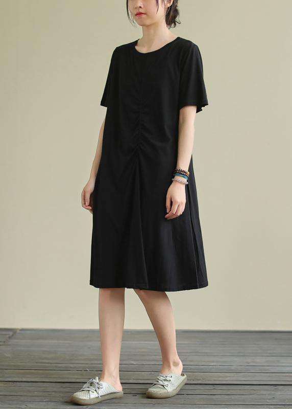 Women black Cotton clothes o neck Cinched oversized summer Dresses - SooLinen