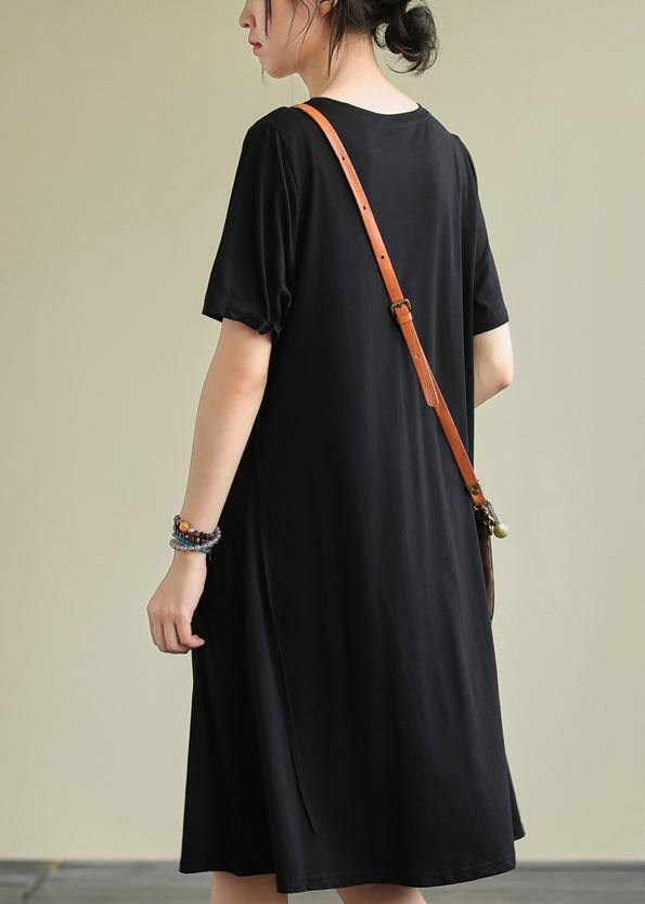 Women black Cotton clothes o neck Cinched oversized summer Dresses - SooLinen