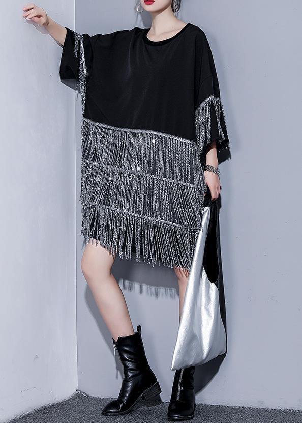 Women black Cotton dress o neck tassel summer Dresses - SooLinen