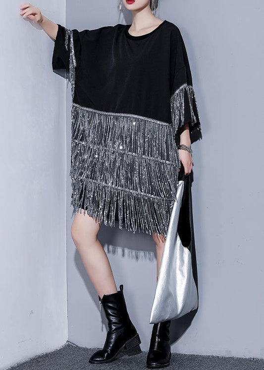 Women black Cotton dress o neck tassel summer Dresses - SooLinen