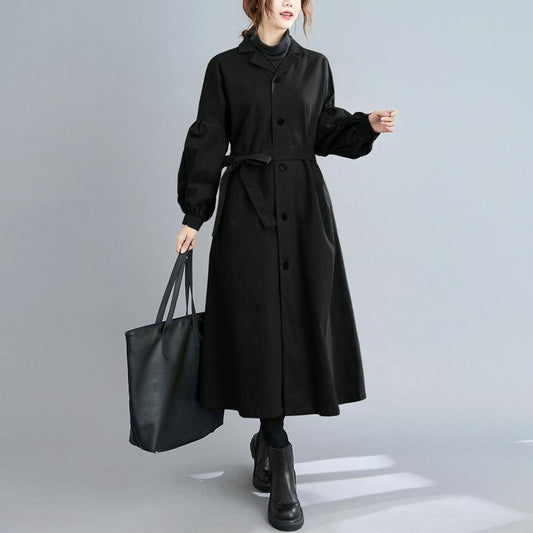 Women black Fashion coats Sewing lapel Button Down coats - SooLinen