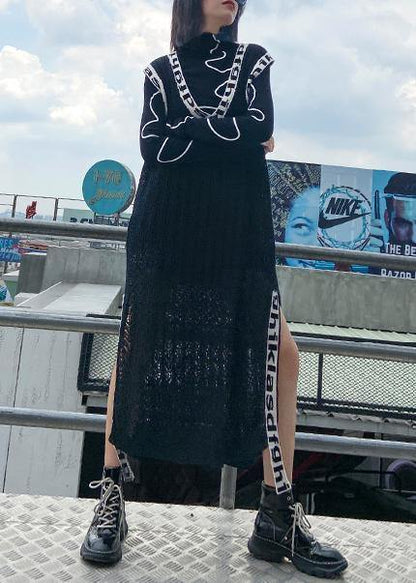 Women black Letter Sweater dresses Largo v neck side open Art  knit dress - SooLinen