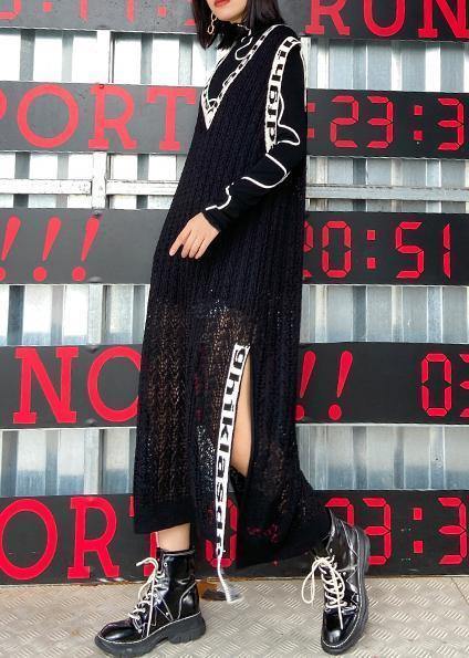 Women black Letter Sweater dresses Largo v neck side open Art  knit dress - SooLinen