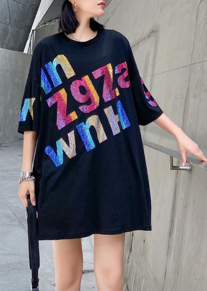 Women black Letter cotton tunic top o neck oversized blouse - SooLinen