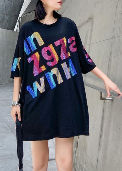 Women black Letter cotton tunic top o neck oversized blouse - SooLinen