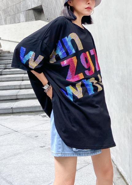 Women black Letter cotton tunic top o neck oversized blouse - SooLinen