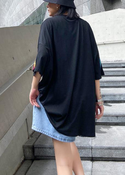 Women black Letter cotton tunic top o neck oversized blouse - SooLinen